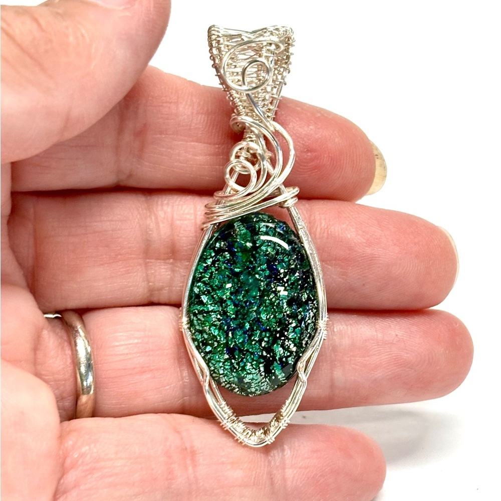 HAND CRAFTED Man Made Cabochon Wire Wrapped Silver Plate Pendant, Handmade